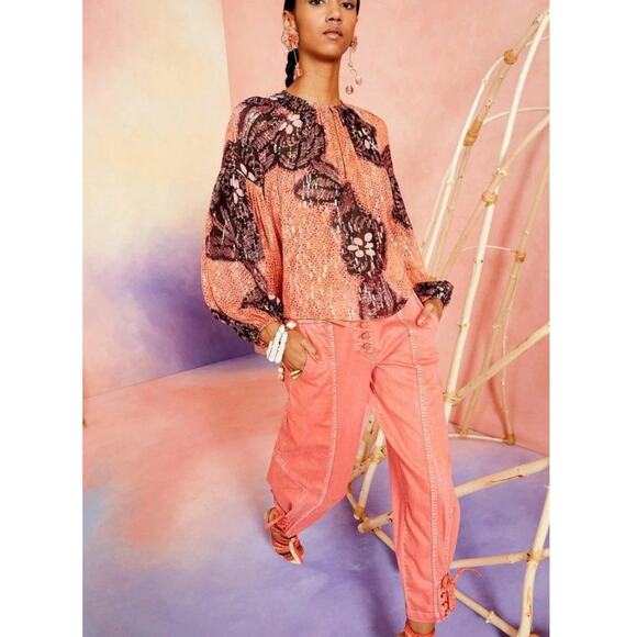 Ulla Johnson Sanya Silk Lurex Blouse Coral Floral Shibori Print Top Women Size 6 - Picture 3 of 15